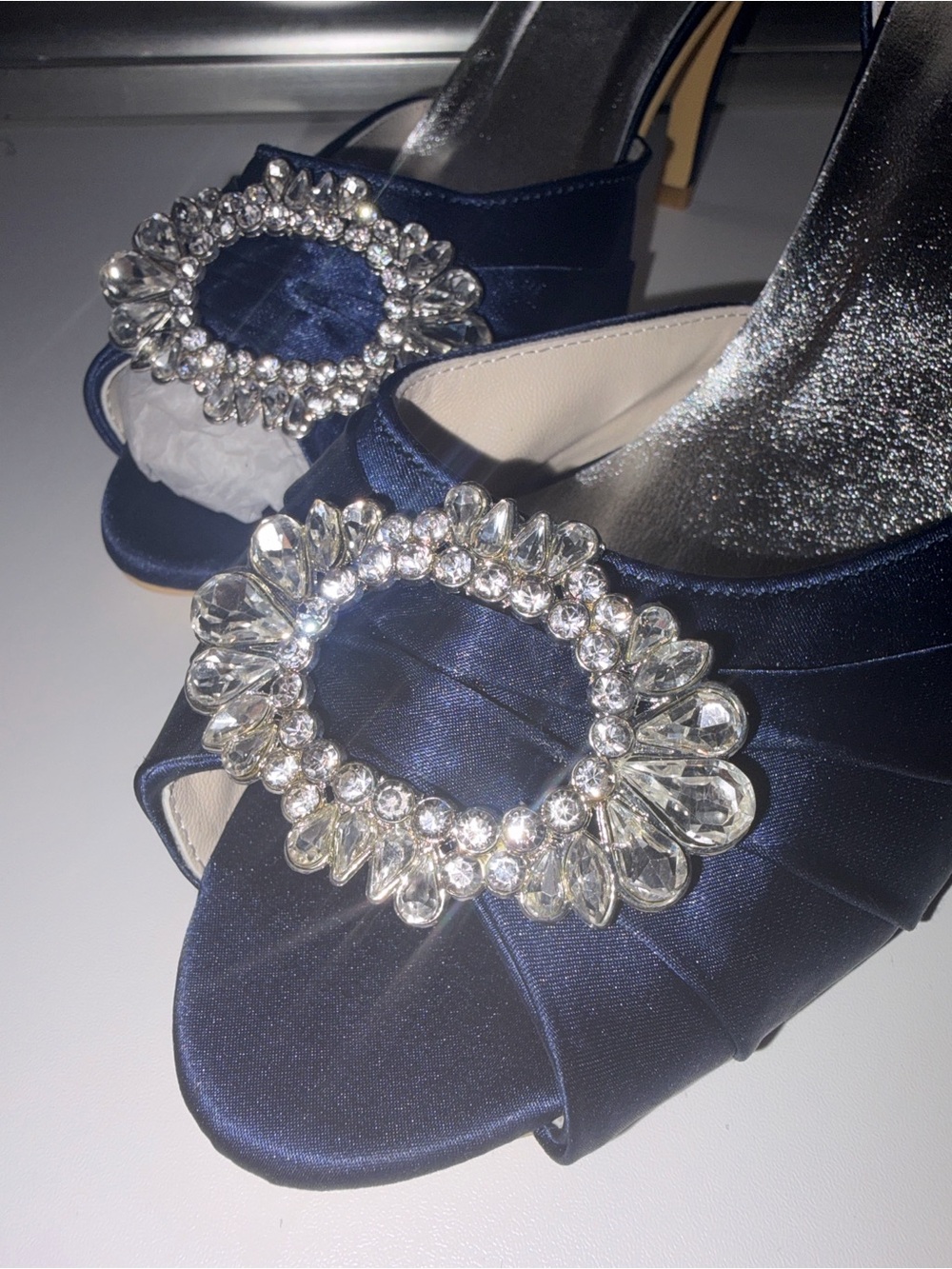 Crystal-Buckle Navy Satin Open-Toe Heels Sz 9